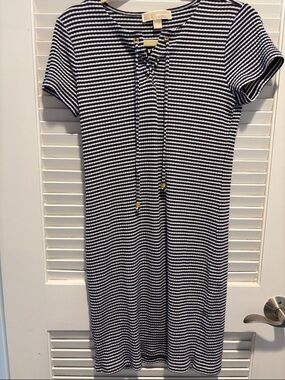 Michael Kors Size Small Navy & White Striped Lace-Up Knit Dress